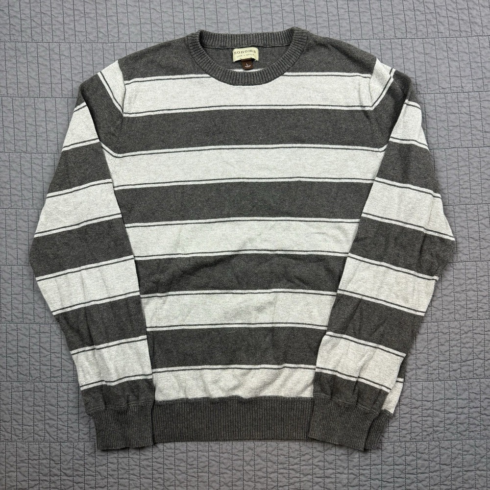 Y2K Sonoma Sweater Men Large Gray Brown Striped Lightweight Casual Preppy Knit‎